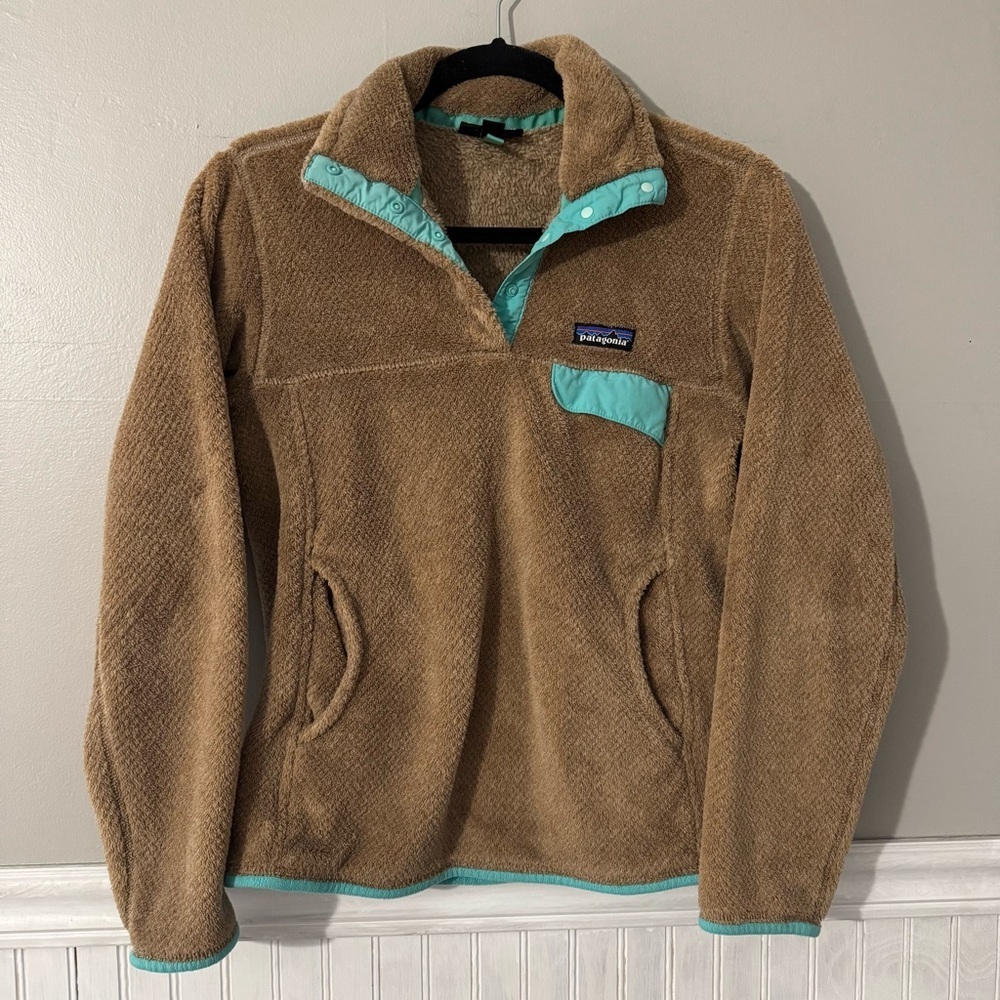 Women’s Patagonia Retool Snap T Pullover Jacket Size Small Fleece Tan Teal EUC